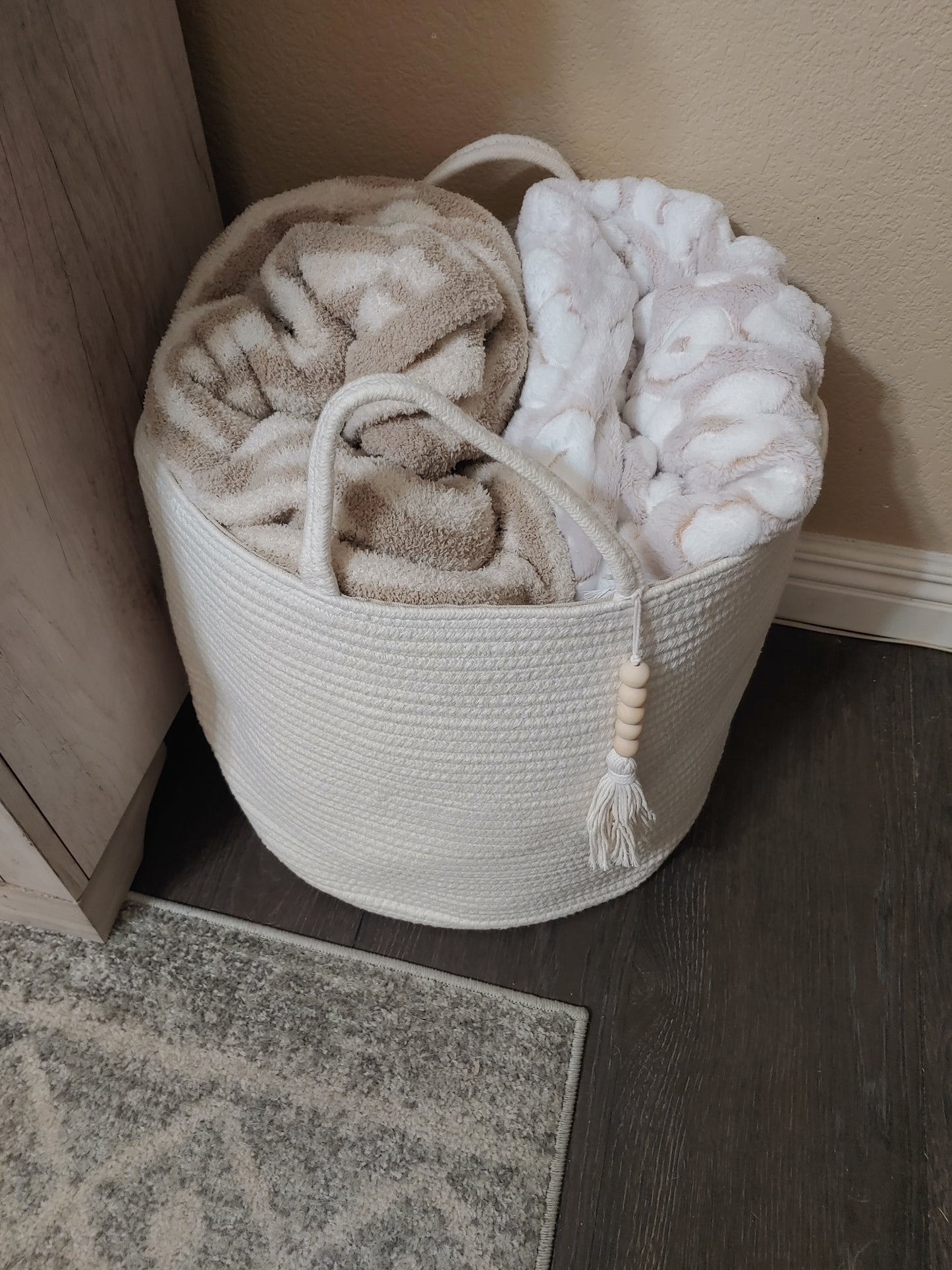 New Woven Storage Basket w/ handle | Natural Rope Wooden Bead | Organizer Bin 16" W × 13.8"L