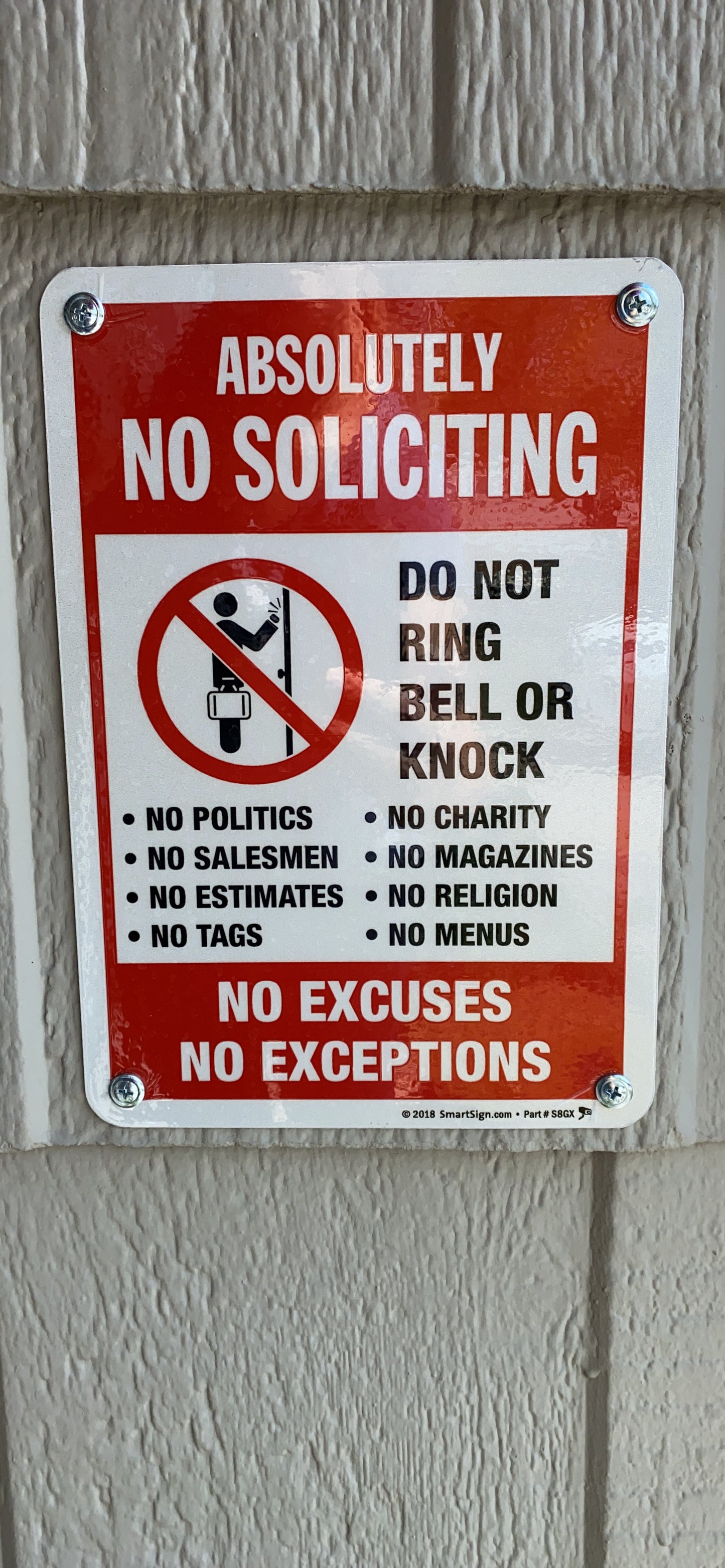 New 10" x 7" Metal Sign | "Absolutely No Soliciting - Do Not Ring Bell, No Excuses, No Exceptions”