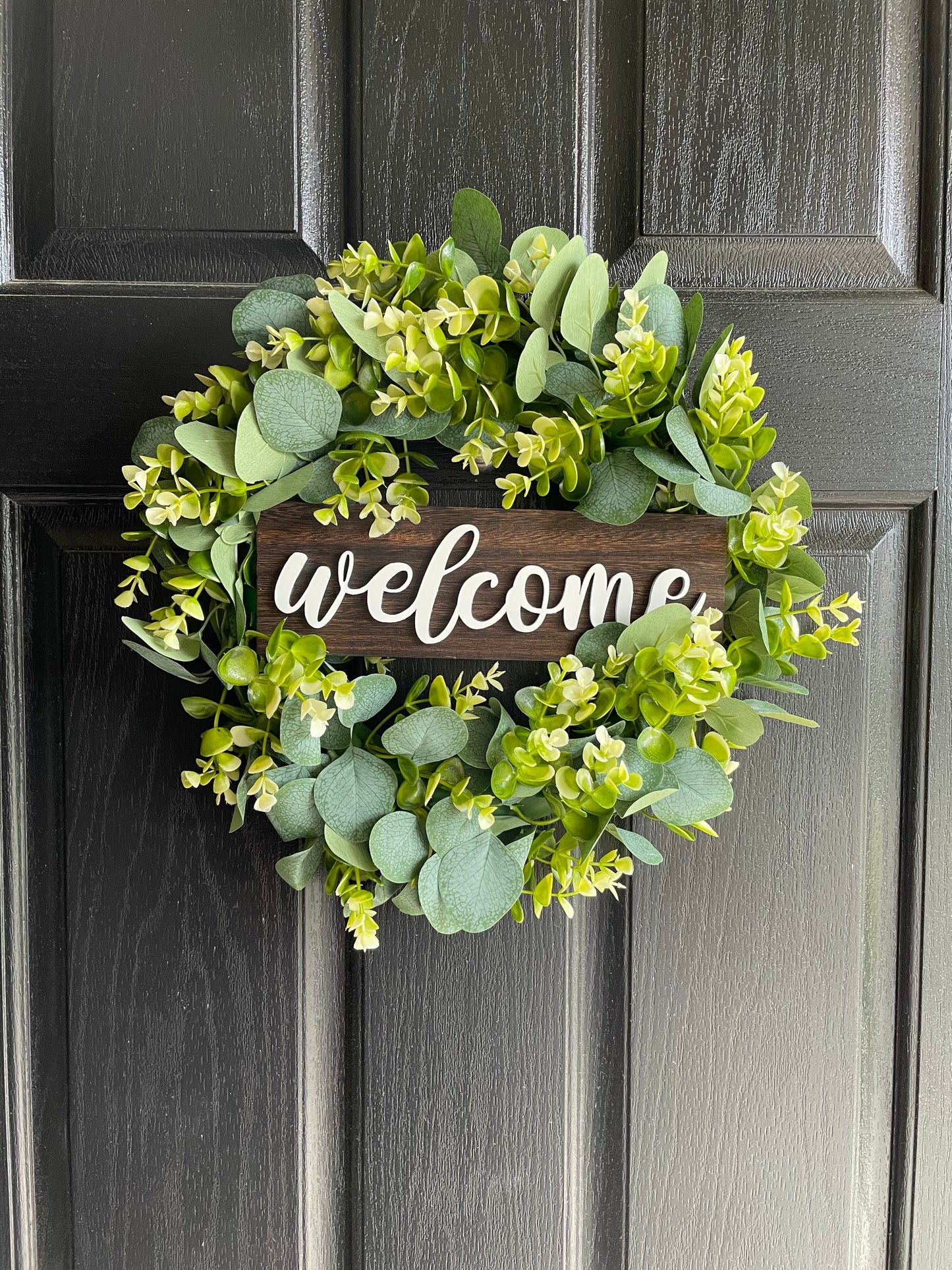 New 13" Porch Decor Welcome Sign | Wood Hanging Sign with Artificial Eucalyptus