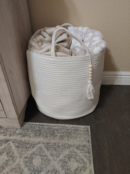 New Woven Storage Basket w/ handle | Natural Rope Wooden Bead | Organizer Bin 16" W × 13.8"L